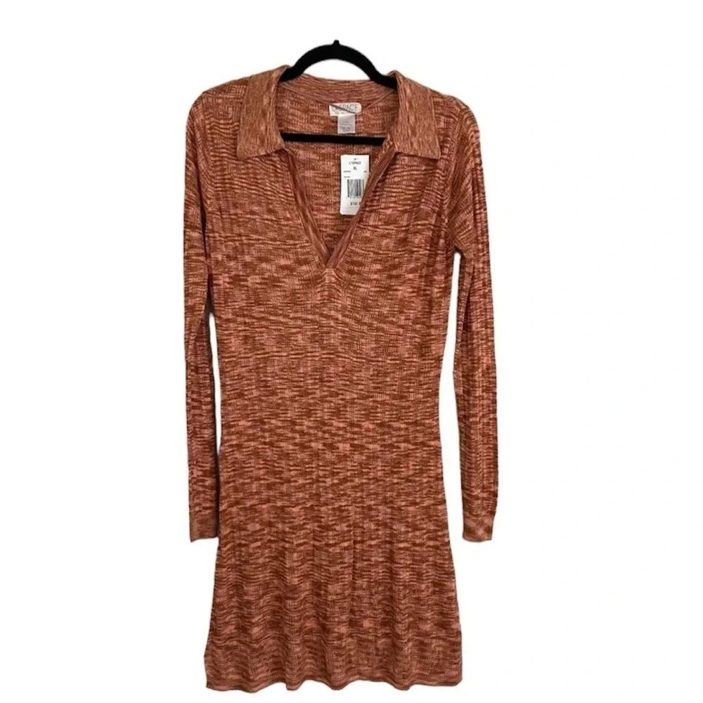 L Space Aria Dress V-Neck Long Sleeve Orange Sweater Dress with Collar Sz XL NWT